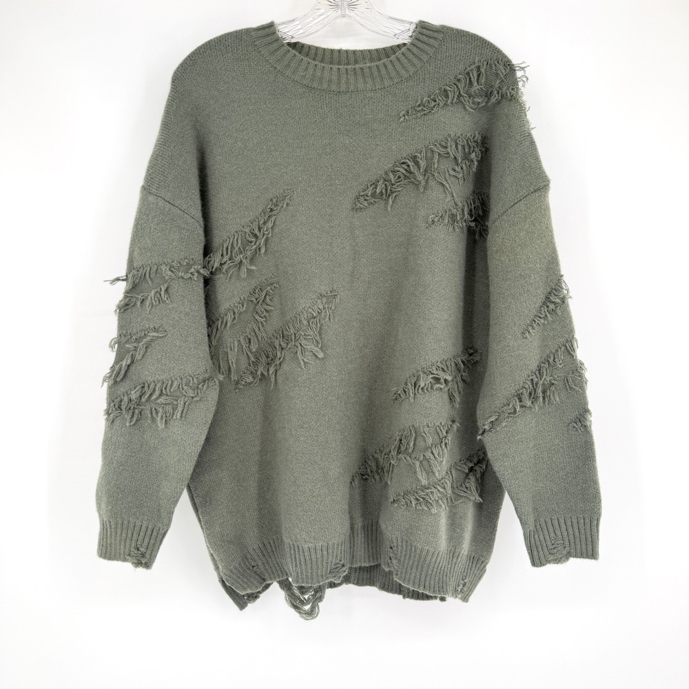 NWT Aelfric Eden Distressed Oversized Sweater Green Frayed Knit Crewneck